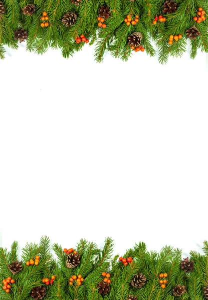 Χριστουγεννιάτικο Πράσινο Πλαίσιο Κώνους Και Μούρα Holly Απομονώνονται Λευκό Φόντο — Φωτογραφία Αρχείου