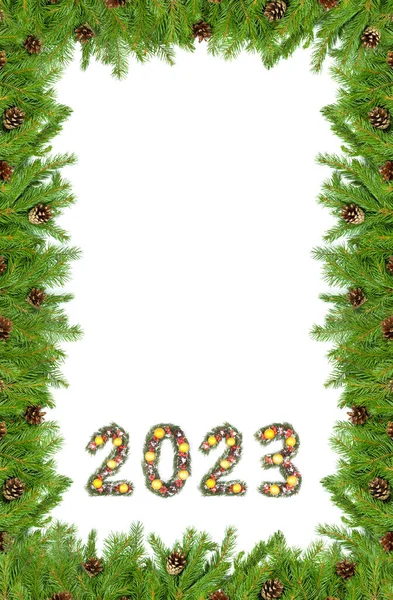 Каркас Новогодней Елки 2023 Число Сделанное Ветками Елки Белом Фоне — стоковое фото