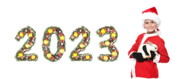 中国新年 男孩手里拿着一只圣诞兔子和2023年的数字 这些数字是由白色背景中分离出来的圣诞树枝做成的 — 图库照片