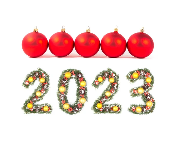 Boule Noël Rouge 2023 Nombre Fait Par Branches Arbre Noël — Photo