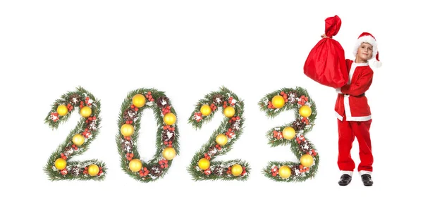 크리스마스 가방을 클로스와 배경에 고립된 크리스마스 가지가 만들어 2023 — 스톡 사진