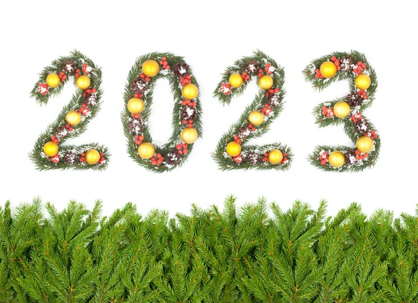 Kerstboom Kader 2023 Nummer Gemaakt Door Kerstboom Takken Geïsoleerd Witte — Stockfoto