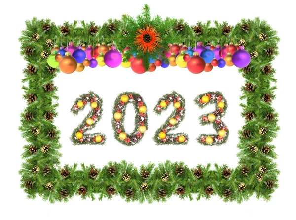 Weihnachtsbaum Rahmen Und 2023 Zahl Von Weihnachtsbaum Äste Isoliert Auf — Stockfoto