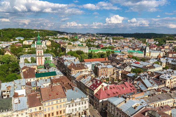 Panoramic aerial view of Lviv, Ukraine in a sunny day