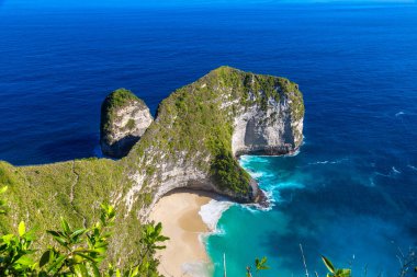 Nusa Penida Adası, Bali, Endonezya 'daki Kelingking Sahili' nin panoramik hava manzarası