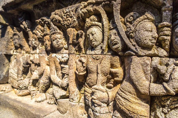 Relief Sculptures Historiques Sur Temple Buddiste Borobudur Près Yogyakarta Java — Photo