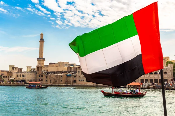 Focus Flag United Arab Emirates Flag Abra Old Traditional Wooden — Stock Photo, Image