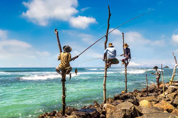 stock image Local Fisherman fishing in traditional way at the beach in Sri Lanka