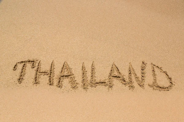 Palavra Tailândia Escrito Arenoso Praia Tropical Tailândia — Fotografia de Stock