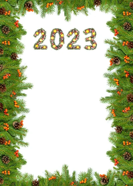 Πλαίσιο Χριστουγεννιάτικων Δέντρων Και Αριθμός 2023 Από Κλαδιά Χριστουγεννιάτικων Δέντρων — Φωτογραφία Αρχείου