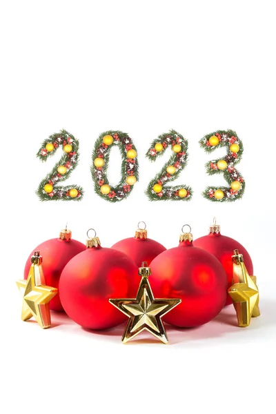 Bola Roja Navidad Número 2023 Hecha Por Ramas Árbol Navidad — Foto de Stock