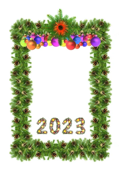 Vánoční Strom Rámec 2023 Číslo Vyrobené Vánoční Strom Větve Izolované — Stock fotografie