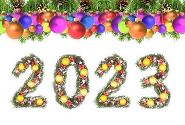 Noel ağacı çerçevesi ve beyaz arka planda izole edilmiş noel ağacı dalları tarafından yapılan 2023 sayısı