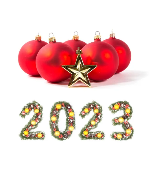 Red Christmas Ball 2023 Number Made Christmas Tree Branches Isolated — Stock Photo, Image