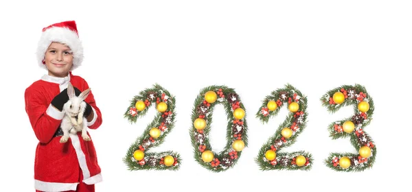Año Nuevo Chino Niño Sosteniendo Conejo Navidad 2023 Número Hecho — Foto de Stock