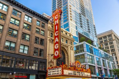 Chicago, ABD - 29 Mart 2020 Şikago Tiyatrosu tabelası, ABD