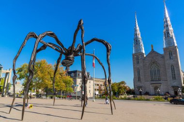 OTTAWA, CANADA - 2 Nisan 2020: Ottawa 'daki Maman Heykeli ve Notre-Dame Katedrali Bazilikası güneşli bir günde, Kanada