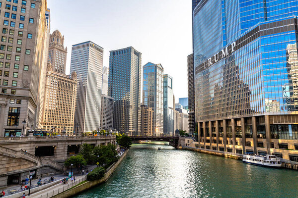 CHICAGO, USA - MARCH 29, 2020: Trump Tower skyscraper building in Chicago, Illinois, USA