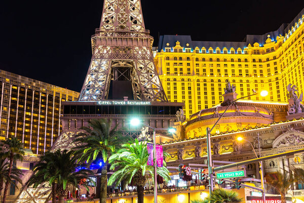 LAS VEGAS, USA - MARCH 29, 2020: Paris Las Vegas hotel and casino at night in Las Vegas, Nevada, USA