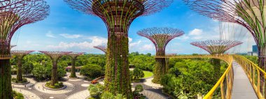 SINGAPORE - 23 Haziran 2019: Singapur Körfezi yakınlarındaki Gardens Skyway Panoraması