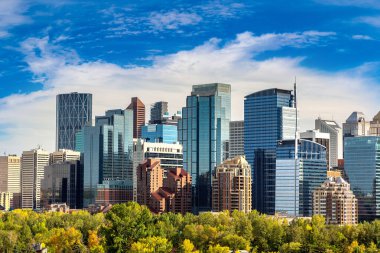 Calgary 'nin güneşli bir günde panoramik manzarası, Kanada