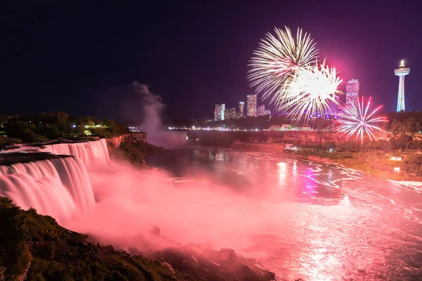 Feuerwerk Über Amerikanischen Wasserfällen Bei Niagarafällen Der Nacht Usa Von — Stockfoto