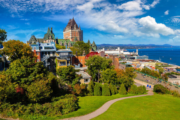 Panoramic view of Frontenac Castle (Fairmont Le Chateau Frontenac) in Old Quebec City, Canada