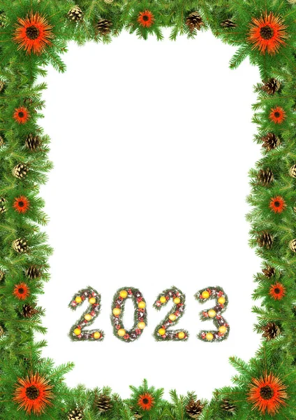 Πλαίσιο Χριστουγεννιάτικων Δέντρων Και Αριθμός 2023 Από Κλαδιά Χριστουγεννιάτικων Δέντρων — Φωτογραφία Αρχείου