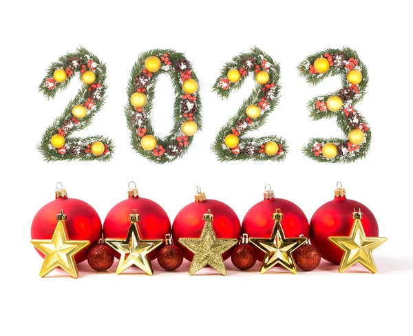 Red Christmas Ball 2023 Number Made Christmas Tree Branches Isolated — Stock Photo, Image