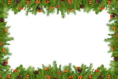 Beyaz arka planda koni ve kutsal böğürtlenli Noel yeşil çerçevesi