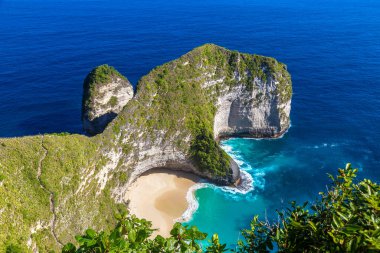 Nusa Penida Adası, Bali, Endonezya 'daki Kelingking Sahili' nin panoramik hava manzarası
