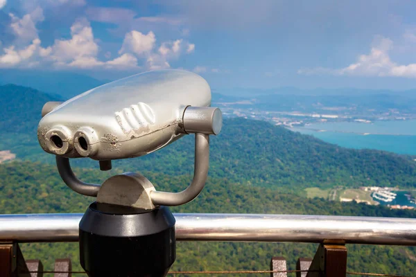 Binoculars at viewpoint with Panoramic aerial view of Langkawi island, Malaysia