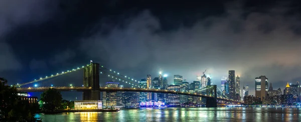 Бруклинский Мост Панорамный Ночной Вид Центр Манхэттена После Заката Нью — стоковое фото