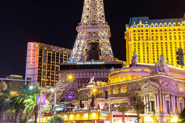 LAS VEGAS, USA - MARCH 29, 2020: Paris Las Vegas hotel and casino at night in Las Vegas, Nevada, USA