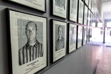 OSWIECIM, POLAND - 7 Eylül 2022: güneşli bir günde Auschwitz toplama kampındaki mahkumların fotoğraf galerisi, Oswiecim, Polonya