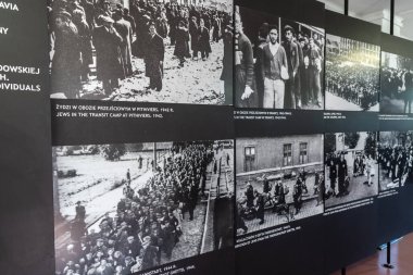 OSWIECIM, POLAND - 7 Eylül 2022: güneşli bir günde Auschwitz toplama kampında fotoğraf sergisi, Oswiecim, Polonya