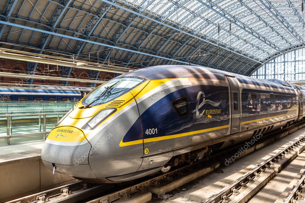 LONDON, UK - JUNE 17, 2022: Modern The Eurostar high speed bullet train - connects Paris Gare du Nord and London St. Pancras train station in London, UK