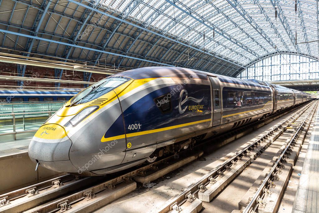 LONDON, UK - JUNE 17, 2022: Modern The Eurostar high speed bullet train - connects Paris Gare du Nord and London St. Pancras train station in London, UK