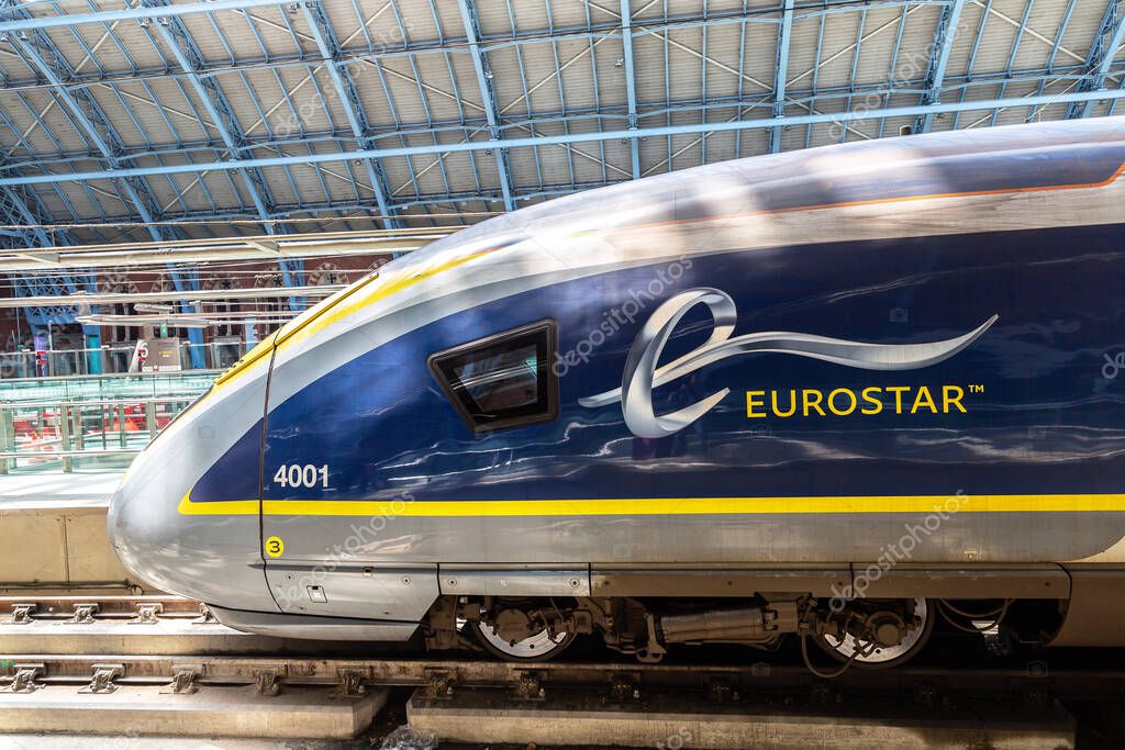 LONDON, UK - JUNE 17, 2022: Modern The Eurostar high speed bullet train - connects Paris Gare du Nord and London St. Pancras train station in London, UK