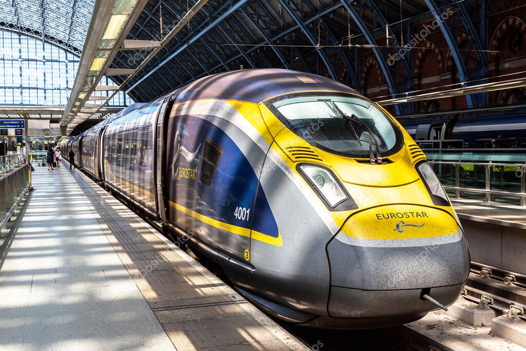 LONDON, UK - JUNE 17, 2022: Modern The Eurostar high speed bullet train - connects Paris Gare du Nord and London St. Pancras train station in London, UK
