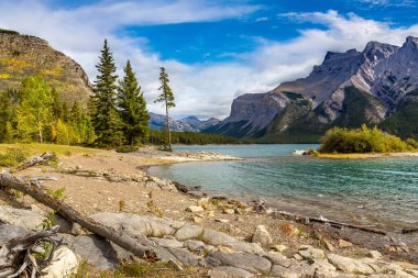 Banff Ulusal Parkı, Kanada 'da Minnewanka Gölü' nde küçük bir ada