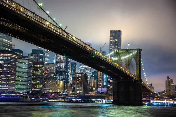Most Brooklyński Panoramiczny Widok Centrum Manhattanu Zachodzie Słońca Nowym Jorku — Zdjęcie stockowe