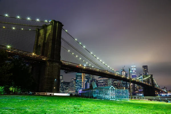 Бруклинский Мост Панорамный Ночной Вид Центр Манхэттена После Заката Нью — стоковое фото