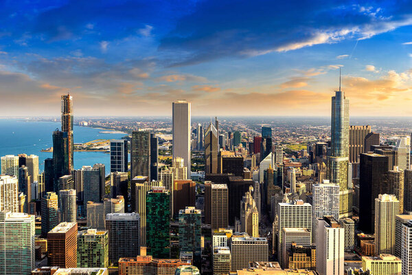 Panoramic aerial cityscape of Chicago and Lake Michigan at sunset, Illinois, USA