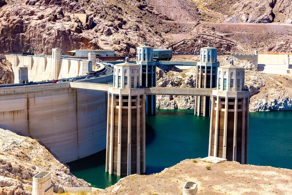 stock image Hoover Dam and penstock towers in Colorado river at Nevada and Arizona border, USA