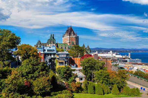 Panoramic view of Frontenac Castle (Fairmont Le Chateau Frontenac) in Old Quebec City, Canada