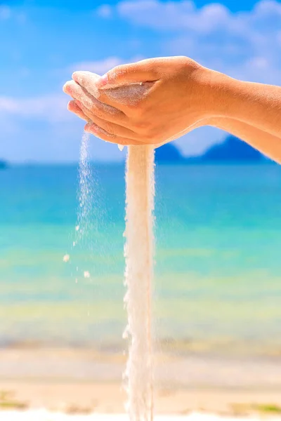 White Sand Falling Woman Hands Tropical Beach — Stock Photo, Image