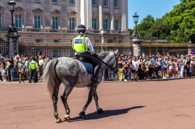LONDON, İngiltere - 17 Haziran 2022: Londra 'da güneşli bir yaz günü Buckingham Sarayı' nın önünde düzenlenen koruma seremonisinin değişmesi için Metropolitan atlı polis devriyesi