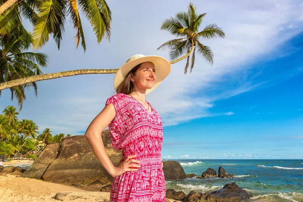 Portriat Young Beautiful Woman Wearing Hat Red Dress Staying Tropical — Stock Photo, Image