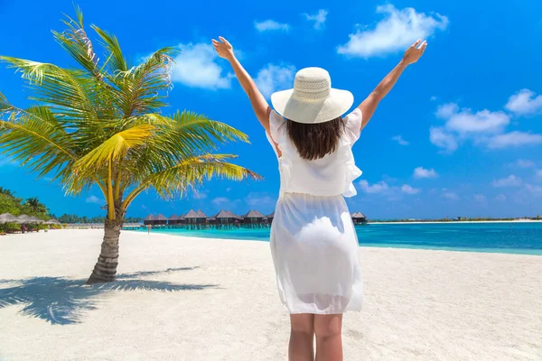 Sexy Beautiful Woman Raised Hands Palm Tree Luxury Tropical Beach — Stock Photo, Image